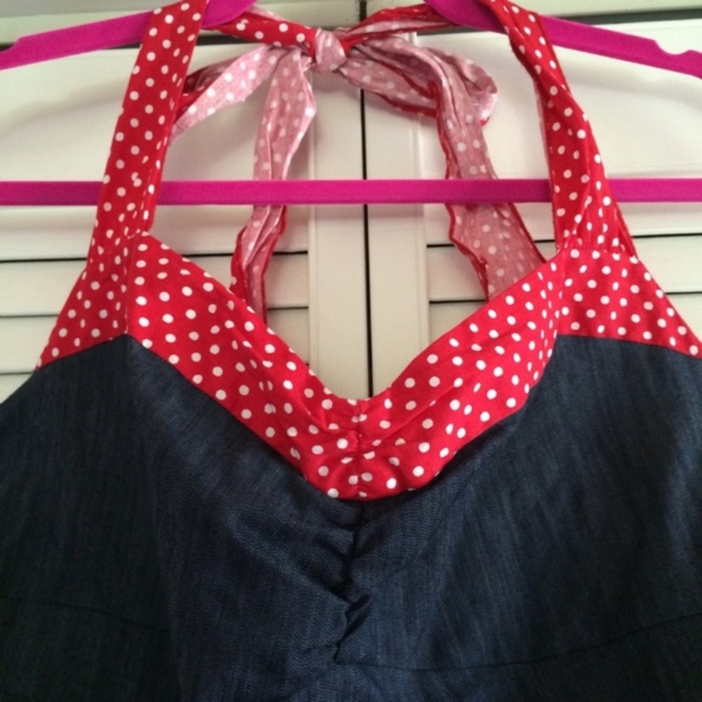 VINTAGE Torrid Alert!! Denim Halter Red Roses Polka Dots 1X EUC!!! - Picture 2 of 4